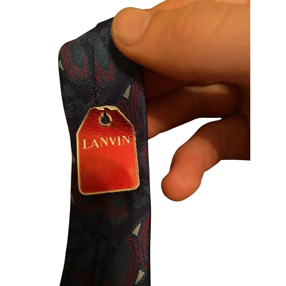Lanvin Paris Mens Silk Tie Navy Blue Paisley Geometric Made in France Luxury‎